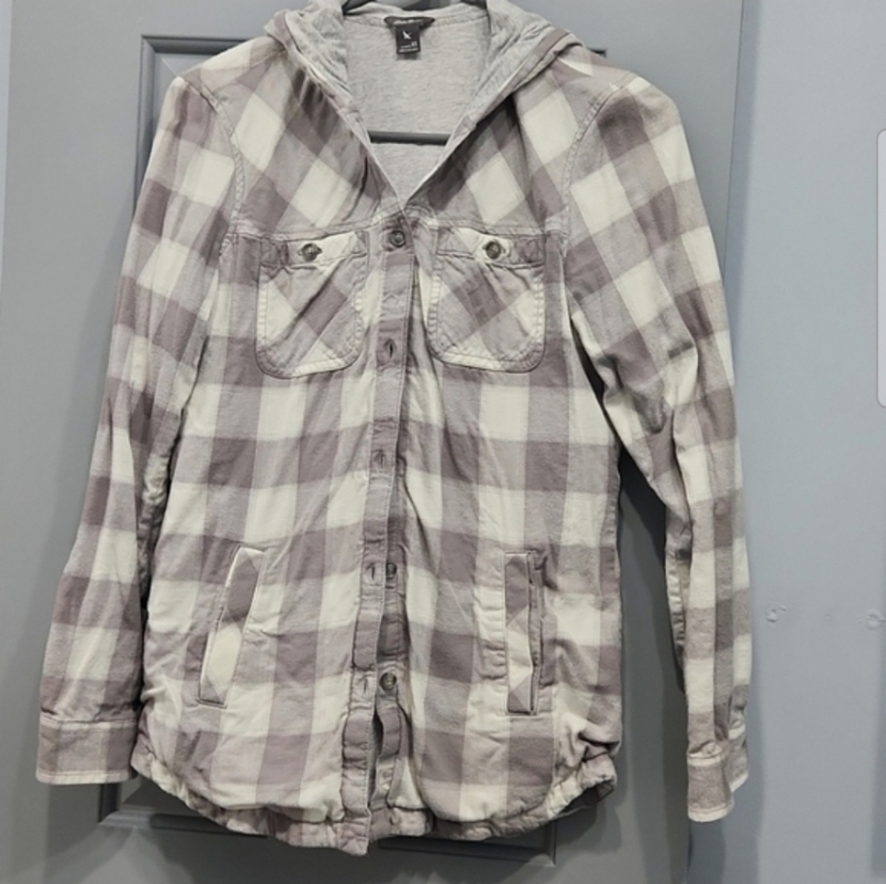 Eddie Bauer Stines Favorite Flannel Gray White Buffalo Check Plaid Hoodie Jacket